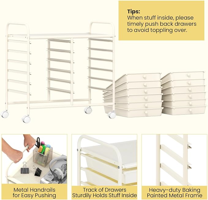 Giantex 12 Drawers Rolling Cart, Mobile Storage Drawer Cart, Classroom Organizer Cart for Office School Supplies Tools Scrapbook Paper Craft Small Printer, Utility Cart on Wheels, White
