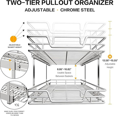 2-Tier Kitchen Cabinet Pull Out Shelf and Drawer Organizer Slide Out Pantry Storaqe Basket in Multiple Sizes (15" W x 21" D)