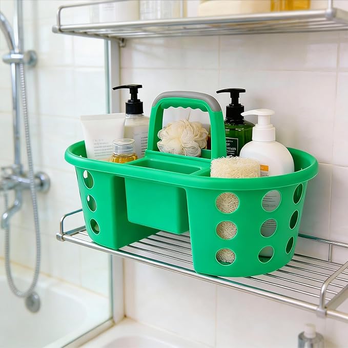 Large Shower Caddy Portable 2PC - Made in USA Plastic Jumbo Size Dorm Storage Candy Tote with Handle Shower Organizer for Bathroom, Pantry, Kitchen, College Dorm, Green