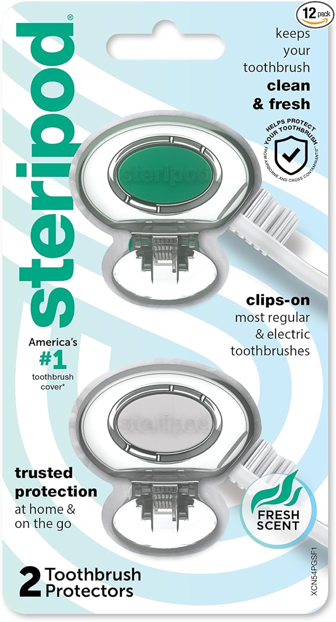 Steripod Clip-on Toothbrush Protector, Green/Silver, 2 Count (Pack of 12)