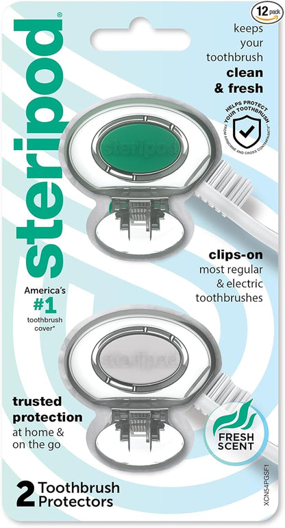 Steripod Clip-on Toothbrush Protector, Green/Silver, 2 Count (Pack of 12)