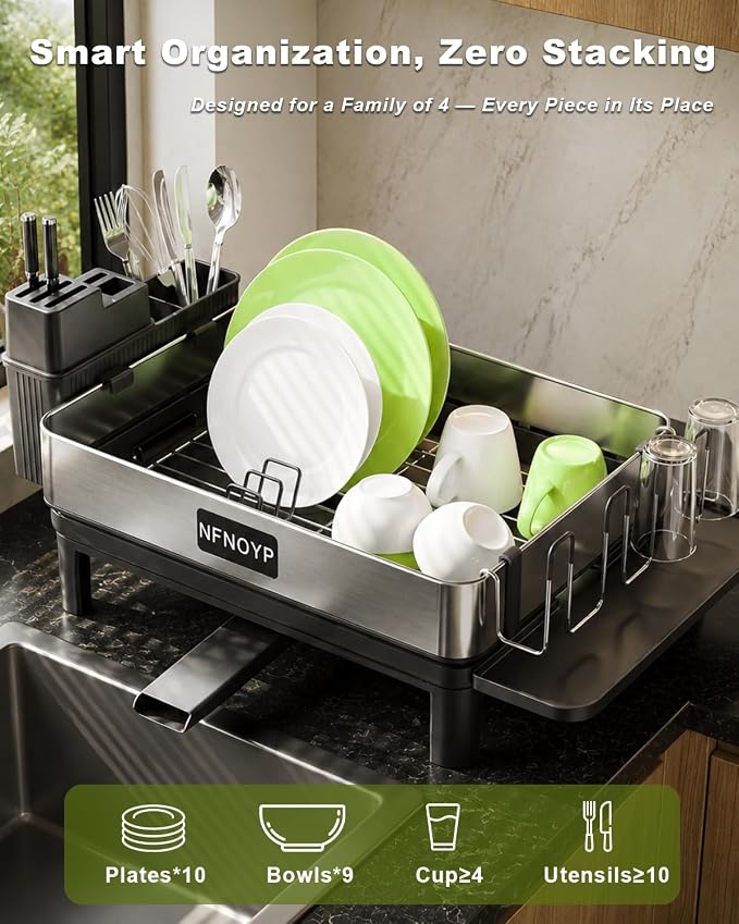 Dish Drying Rack, 304 Stainless Steel Dish Rack and Drainboard Set, Rustproof Dish Drainer with Anti-Pooling Automatic Drainage, Large Capacity Kitchen Counter Organizer, Black