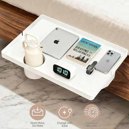 Bedside Shelf Dorm Bunk Bed, Bedside Caddy Shelf Dorm Bed, No Drill College Nightstand Organizer for Personal Items Books Glasses Apartment Bedroom Compact Space Solution Large+White