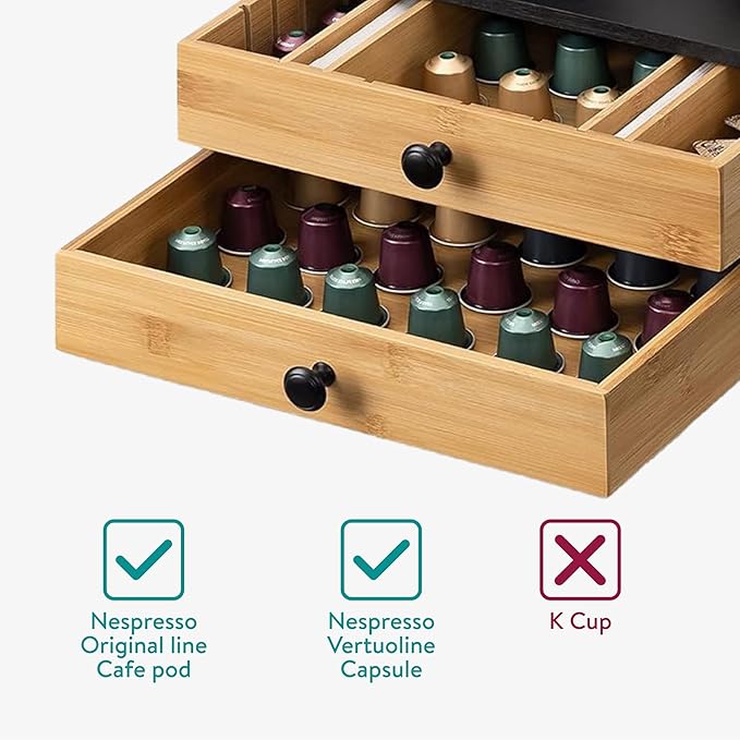 Navaris Bamboo Coffee Pod Drawer Organizer - Capsule Storage Holder Compatible with OriginalLine Capsules or Pods - 2 Drawers with Adjustable Dividers
