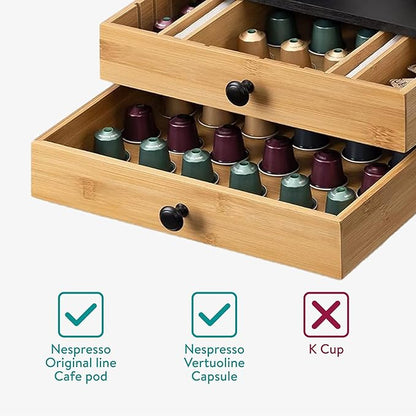 Navaris Bamboo Coffee Pod Drawer Organizer - Capsule Storage Holder Compatible with OriginalLine Capsules or Pods - 2 Drawers with Adjustable Dividers