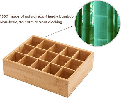 GOBAM Bamboo Closet Drawer Divider - Storage Organizer with 15 Compartments, Drawer Organizer, Storage Box for Belts, Ties, Bras, Briefs, Socks & Jewelry - Natural