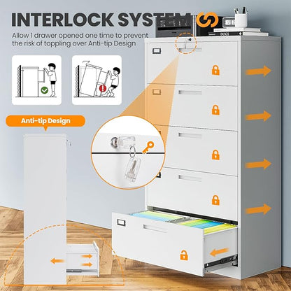 5 Drawer File Cabinets for Home Office, Metal Filing Cabinet with Lock, White Locking File Caninet Five Drawer, Office Storage Caninets Steel Cabnet for Letter/Legal/A4/F4-Assembly Required