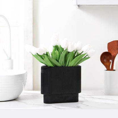 Ribbed Vase, Black Glass Vase for Flowers, Black Flower Vases for Tulips, Modern Vases for Living Room, Dining Table, Office, Bedroom, Mantle, Shelf, Wedding, 7 Inch