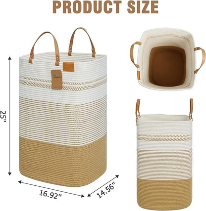 danpinera 100L Nursery Hamper, Tall Woven Laundry Basket with Long Leather Handles, Boho Laundry Hamper for Living Room & Bedroom, Eco-friendly & Convenient Decorative Storage Basket White & Jute