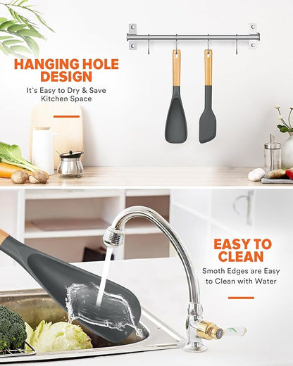 Cooking Spoon and Scraper for Nonstick Cookwares, Great for Cooking and Serving Durable BPA-Free Matte Silicone, Wood Handle Multifunction Spoon for Mixing, Scoop, and Scrape (GREY)