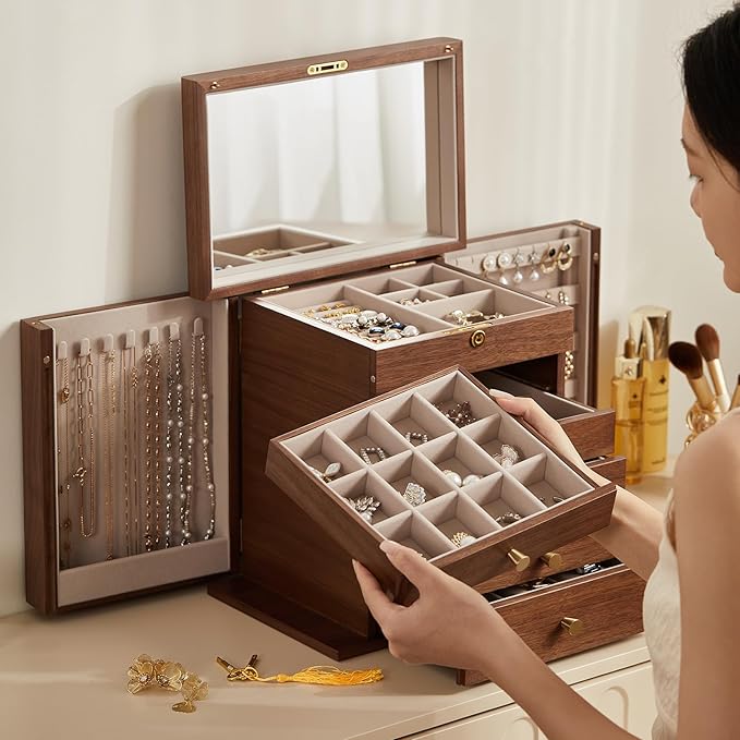 Black Walnut Wooden Jewelry Box, Wood Jewelry Organizer with 2 Side Doors Mirror Lockable Classical Style for Watch Necklace Ring Earring Storage Christmas Gifts-6 Layer