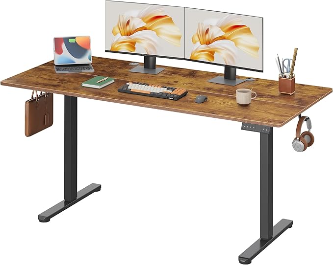 DEVAISE 63 x 28 Inches Electric Standing Desk, 3 Adjustable Height Stand up Desk for Home Office, Ergonomic Sit to Stand Desk with LED Touchscreen, Hook, 3 Memory Preset Computer Desk (Rustic Brown)