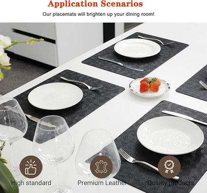 Vinyl Placemats Set of 6 Heat Resistant Easy Clean Non-Slip Place Mats for Dining Table Faux Leather Waterproof Stain Resistant Wipeable Washable PVC Table Mats(6, Black)