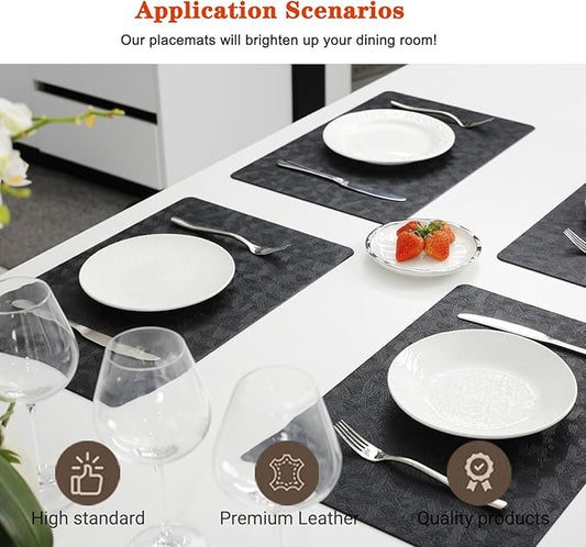 Vinyl Placemats Set of 6 Heat Resistant Easy Clean Non-Slip Place Mats for Dining Table Faux Leather Waterproof Stain Resistant Wipeable Washable PVC Table Mats(6, Black)