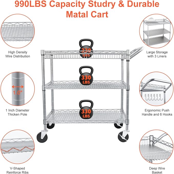 BolDuck Heavy Duty Utility Cart, 990Lbs Capacity 3 Tier Rolling Carts with Wheels, Kitchen Cart on Wheels with Storage, Commercial Grade Metal Serving Carts with Wire Shelving &Handle Bar, Silver