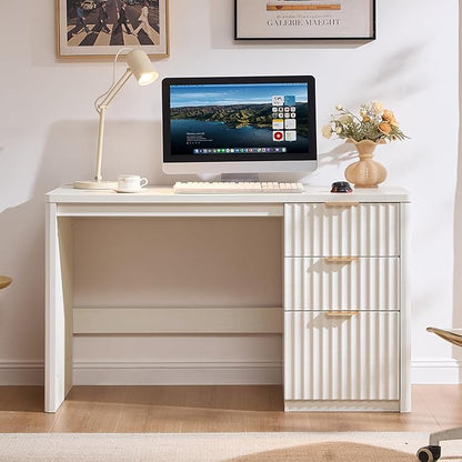 48" Modern Fluted Executive Desk with Storage Cabinet, White Large Home Office Desk with File Drawer & Metal Handles, Wood Computer Writing Table for Office,Study, Bedroom,Living Room