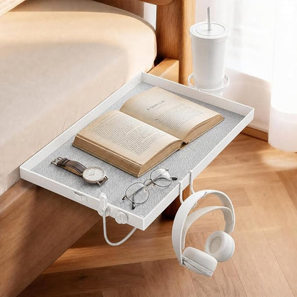 Bedside Shelf Metal, Metal Clip on Bedside Table Shelf for top bunk,Bedside Caddy for College Dorm Room Essentials for Guys(White)