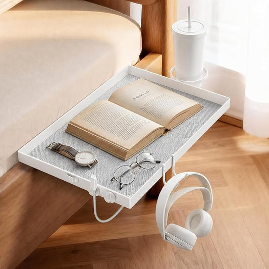 Bedside Shelf Metal, Metal Clip on Bedside Table Shelf for top bunk,Bedside Caddy for College Dorm Room Essentials for Guys(White)