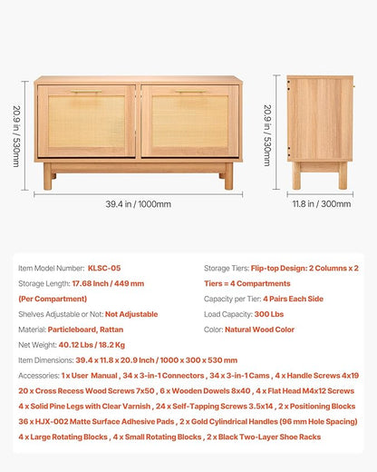 VEVOR Rattan Shoe Storage Bench, Entryway Bench with 2 Flip Drawers, Holds up to 300 lbs with 4 Compartments and 2 Rattan Doors, 39.4 x 11.8 x 20.9 Inches for Hallway, Living Room, Bedroom