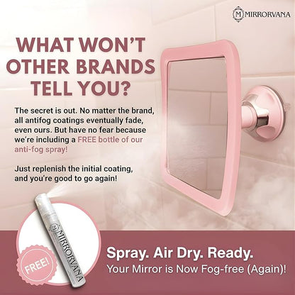 MIRRORVANA Fogless Shower Mirror for Skincare and Grooming, Anti Fog Shatterproof Design with Strong Suction and 360° Swivel, Women’s Beauty Routine Friendly Bathroom Mirror - 6.3" x 6.3" (Pink)