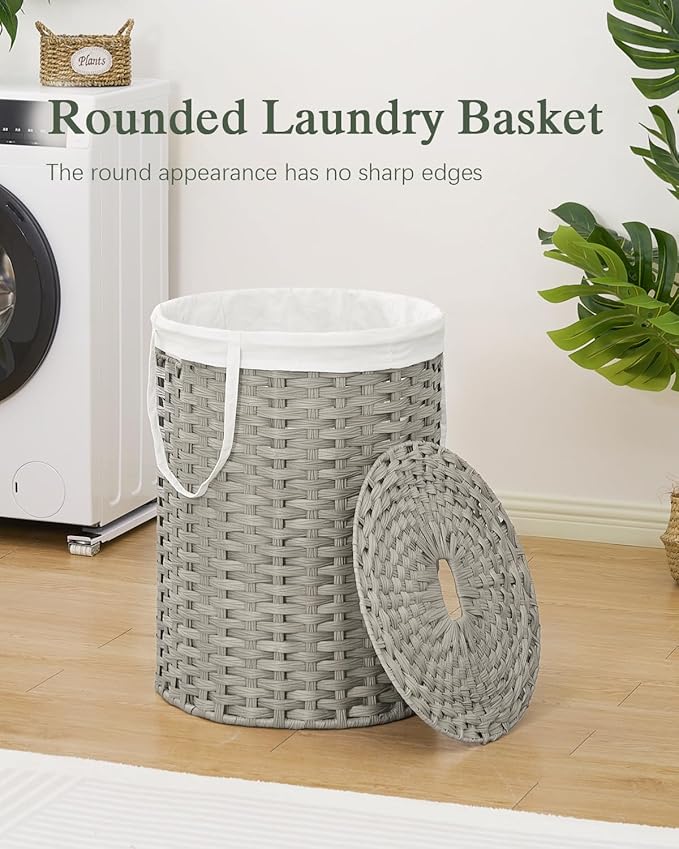 SETVSON Laundry Basket with Lid Round Rattan Laundry Hamper with Lid and Handles 29.1 Gal (110 L) Handwoven Woven Basket with Removable Bags and 2 Mesh Bags for Bathroom Living Room Gray
