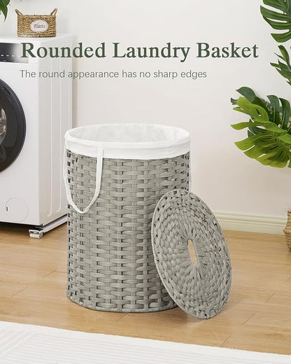 SETVSON Laundry Basket with Lid Round Rattan Laundry Hamper with Lid and Handles 29.1 Gal (110 L) Handwoven Woven Basket with Removable Bags and 2 Mesh Bags for Bathroom Living Room Gray