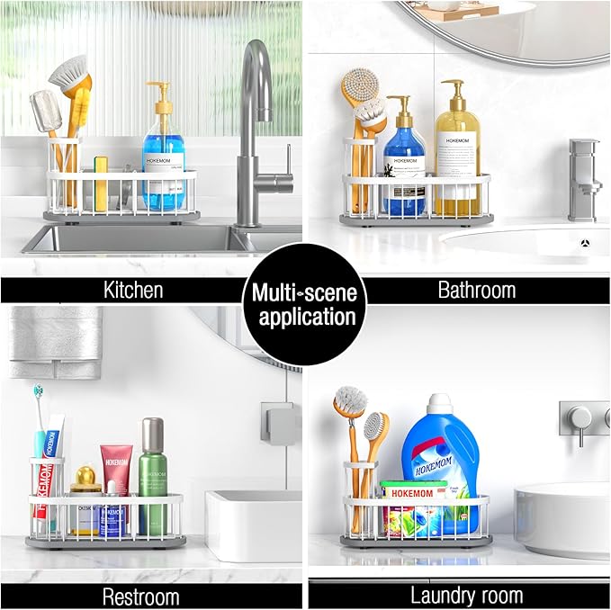 HOKEMOM White Sponge Holder for Kitchen Sink,Sink caddy organizer - 2.6mm Thick 304 Stainless Steel Caddy with Rust-Proof Coating, Non-Slip No-Drain Base. Dimensions: 9.84" x 4.72" x 5.83"