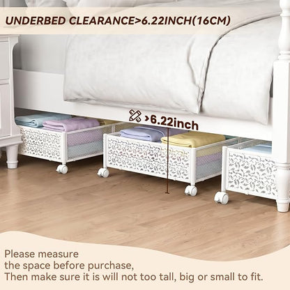 Under Bed Storage, Under the Bed Storage Containers with Wheels, Under Bed Shoe Storage Organizer Drawer, Tool-free Assembly Metal Underbed Storage for Bedroom Clothes Shoes Blankets-2 Pack White