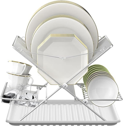 Stainless Steel Foldable Dish Drying Rack, 3 Tier Large Capacity Collapsible Folding Dish Drainer with Drainboard for Kitchen Counter (Upgraded)