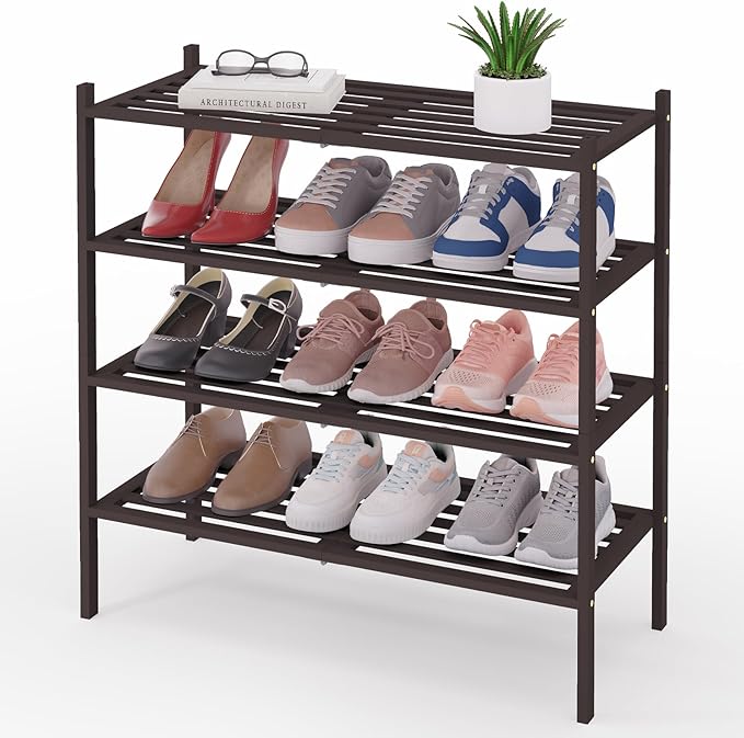 Smiry Bamboo Shoe Rack 4-Tier, Stackable Wooden Shoe Organizer for Entryway & Closet, Free Standing Wood Shoe Storage Shelf for Front Door & Small Spaces, Brown