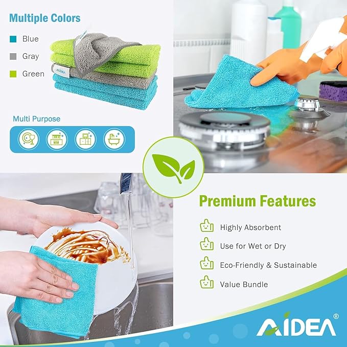 AIDEA Microfiber Cleaning Cloth-800PK, Soft Microfiber Towels for Cars, Absorbent Cleaning Rags, Lint-Free Streak-Free Wash Cloths for House, Kitchen, Window(12in.x12in)