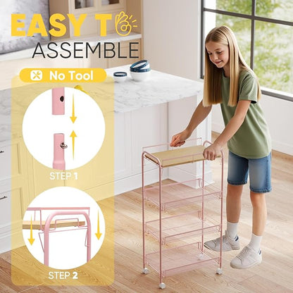 Sekey 4 Tier Rolling Cart Metal, Snap-Together Utility Cart on Wheels, Heavy Duty Storage Cart with Universal Wheels for Baby Nursery, Bathroom, Kitchen, Laundry Room, Pink