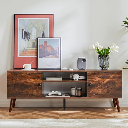 Sweetcrispy TV Stand for 55 60 inch TV, Modern Mid Century Entertainment Center with Storage, Media Console Table 2 Cabinet, Soft Hinge, Handle Door, Wooden Living Room, Office Furniture, Rustic Brown
