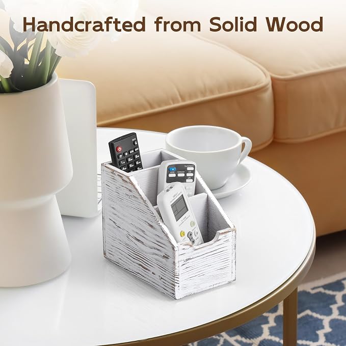 Remote Control Holder, TV Remote Holder, Wood Farmhouse Remote Caddy for Table, Remote Organizer Caddy with 3 Slots, Remote Storage Box for Home Office, Rustic White