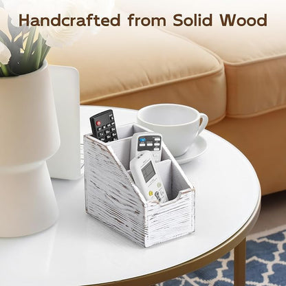 Remote Control Holder, TV Remote Holder, Wood Farmhouse Remote Caddy for Table, Remote Organizer Caddy with 3 Slots, Remote Storage Box for Home Office, Rustic White