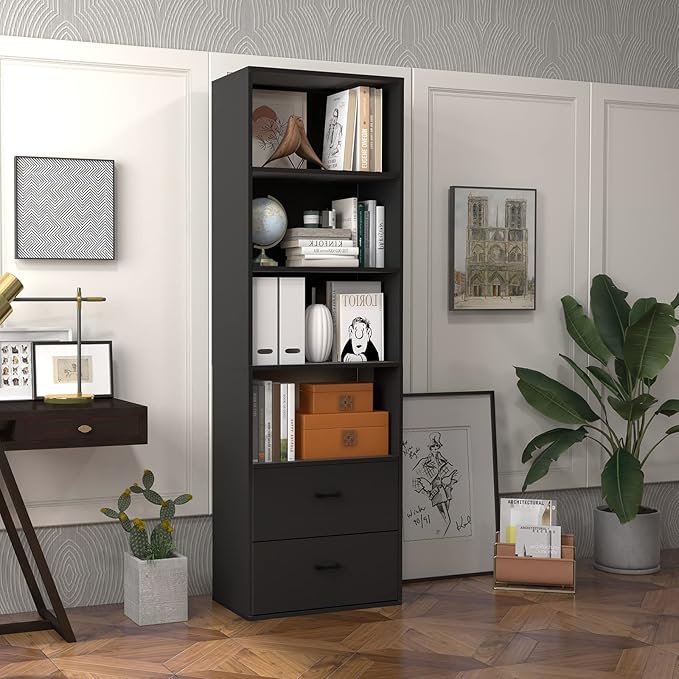 Tangkula 4 Shelf Bookcase with 2 Drawers, 74 Inch 4 Tiers Tall Open Bookshelf with 2 Slide-Out Drawers, Anti-toppling Device, Freestanding Wood Storage Shelf for Home Office (Black, 74" H)
