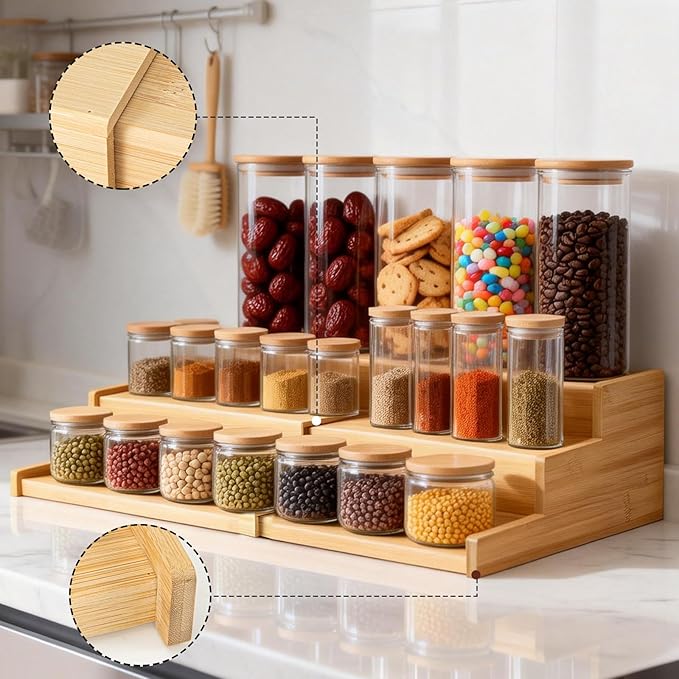 3-Tier Expandable Bamboo Mug Holder Shelf Rack For Countertop Coffee Cup Holder Display, Pantry Can Organizer for Cabinet, Coffee Bar Organizer for Kitchen