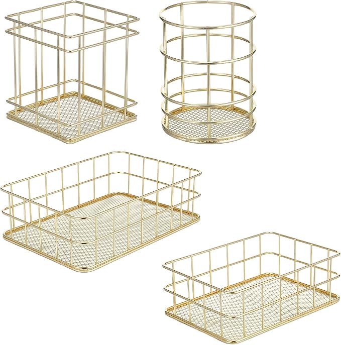 Gold Basket Set with 2 Pen Holders - 4Pcs Metal Mesh Desktop Organizer for Office, Bathroom, Vanity & Home Decor, Storage Solution for Stationery, Makeup, Files (Large & Small Sizes)