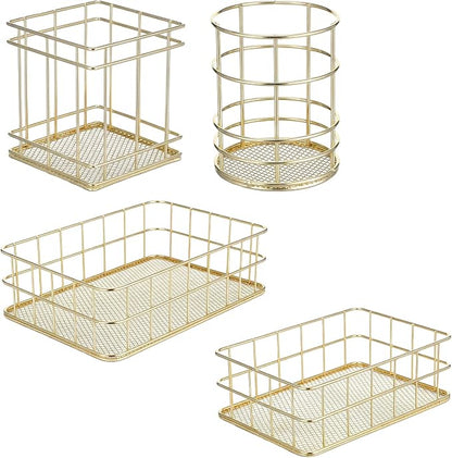 Gold Basket Set with 2 Pen Holders - 4Pcs Metal Mesh Desktop Organizer for Office, Bathroom, Vanity & Home Decor, Storage Solution for Stationery, Makeup, Files (Large & Small Sizes)