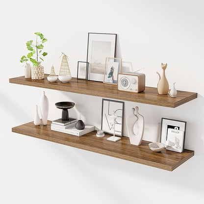 Dreamland 55" Floating Shelves for Wall, 12" Deep Slim Walnut Floating Shelves, Wall-Mounted Shelves for Bedroom, Living Room, Kitchen, Bathroom - Set of 2