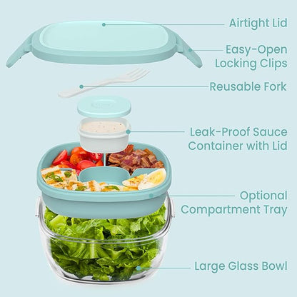Bentgo Glass Salad Container - 7.6-Cup Salad Bowl with Airtight Lid, Leak-Proof Sauce Container, 4-Compartment Bento Tray & Reusable Fork - BPA-Free for Meal Prep, Office & More (Coastal Seaglass)