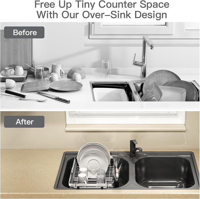 MAJALiS Dish Drying Rack Over The Sink, Expandable Stainless Steel Dish Drainer for Small Kitchen Counter Space Saving, RV Compact Plate Strainer In Silver Metal with Hanging Adjustable Utensil Holder