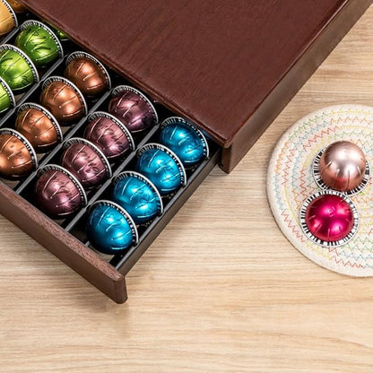 FlagShip Nespresso Vertuo Pod Drawer Storage - Elegant Wood Frame, 50 Pod Capacity