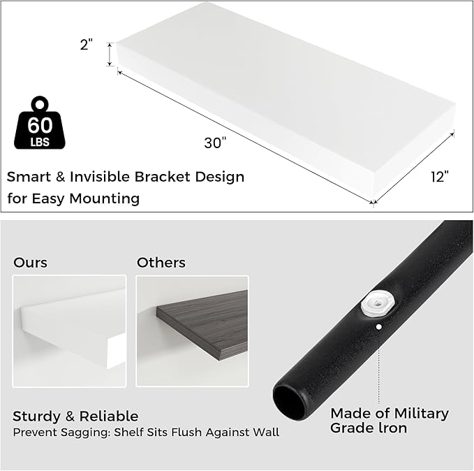 Floating Shelves for Wall, 30" W x 12" D x 2" H, 2 Pack of Long Wall Mounted Engineered Wood Shelves with Invisible Brackets for Living Room, Bedroom, Bathroom, Kitchen Decor, White
