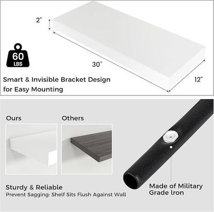 Floating Shelves for Wall, 30" W x 12" D x 2" H, 2 Pack of Long Wall Mounted Engineered Wood Shelves with Invisible Brackets for Living Room, Bedroom, Bathroom, Kitchen Decor, White