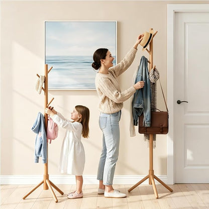 2 PC Wooden Coat Rack Freestanding with 8 Hooks & 3 Adjustable Sizes for Clothes, Space-Saving Design for Bedroom Office Entrance Holds Hats Coats Scarves Bags