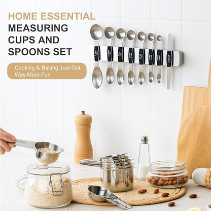 Stainless Steel Measuring Cups & Spoons Set, EWFEN Kitchen Tools Nesting Measuring Cups and Spoons, Fits in Spice Jars for Baking & Cooking, BPA Free, Set of 15 with Leveler, Black