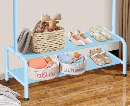 Kids Clothing Rack - Dress Up Clothes Storage Racks - Modern Wardrobe - Small Kids Costume Wardrobe Rack with 2 Fabric Floors Storage Shelf -Blue Dresser for Kids Bedroom