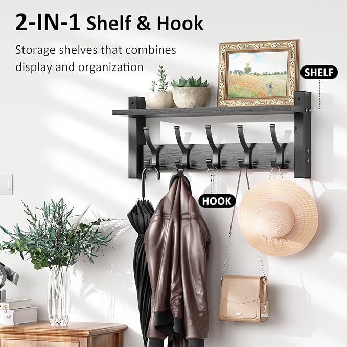 Optish Coat Rack Wall Mount with Shelf, 17.1 Inch Coat Hanger Walls Mounted, Hat Rack for Walls, Shelf with 5 Coat Hooks, Wall Hanger for Entryway (Black)
