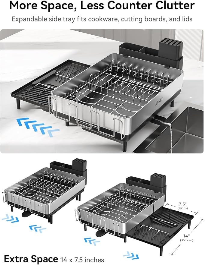 SUNLY Large Dish Drying Rack, Expandable Dish Rack for Kitchen Counter, 304 Stainless Steel Space Saving Dish Drainer with Multifunctional Flip Up Pegs
